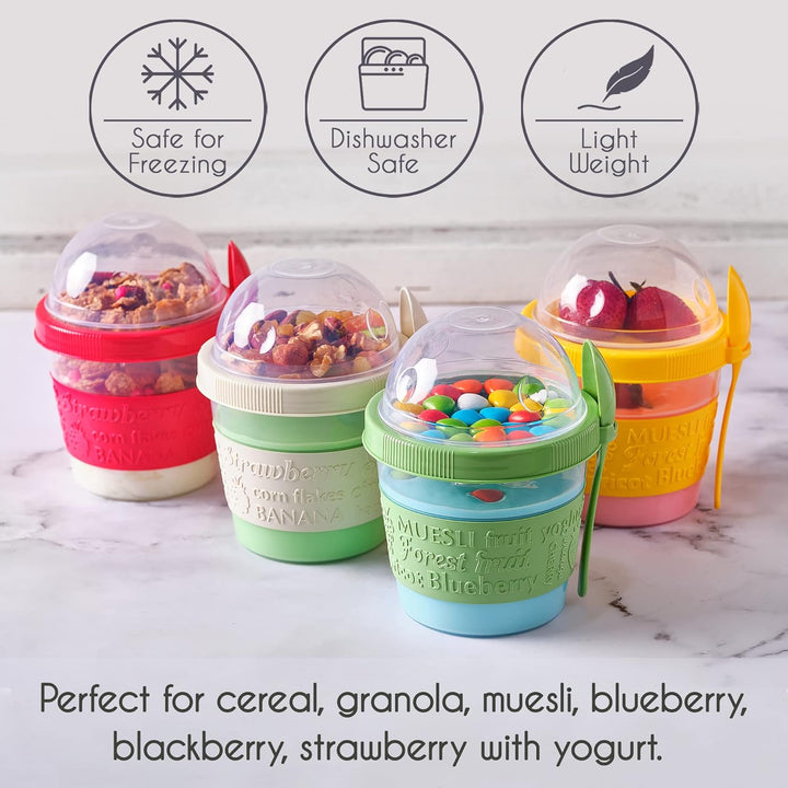 CRYSTALIA Yoghurt to Go Becher mit Löffel, Set 4 500ml 100% BPA FREI Müslibecher to Go mit Deckel, J