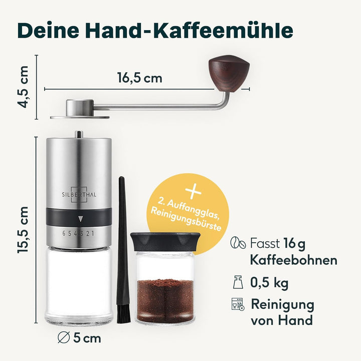 SILBERTHAL Kaffeemühle Manuell Kegelmahlwerk - Verstellbarer Mahlgrad - Handmühle aus Edelstahl und
