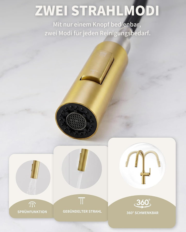 Tohlar Gebürsteter Gold Wasserhahn Küche Ausziehbar Gold | Hochdruck, Gold | Hochdruck