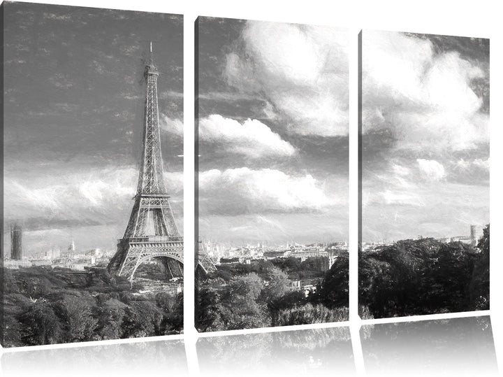 Pixxprint Riesiger Eiffelturm in Paris Kohle Zeichnung Effekt 3-Teiler Leinwandbild 120x80 Bild auf
