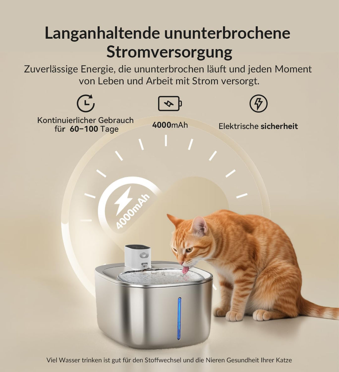 Katzenbrunnen Kabellos mit Bewegungsmelder, 4L Trinkbrunnen für Katze &amp; Edelstahl Hunde mit Batterie