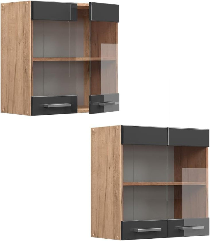 Vicco Küchenschrank Glas R-Line, Anthrazit Hochglanz/Goldkraft Eiche, 60 cm Anthrazit Hochglanz Häng