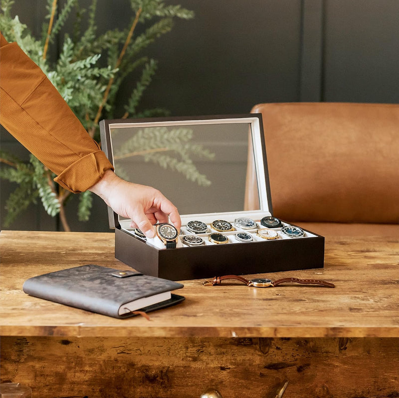 CASE ELEGANCE Uhrenbox aus Massiv Holz - Farbe Espresso - mit Glas-Vitrine für 12 Uhren, Espresso