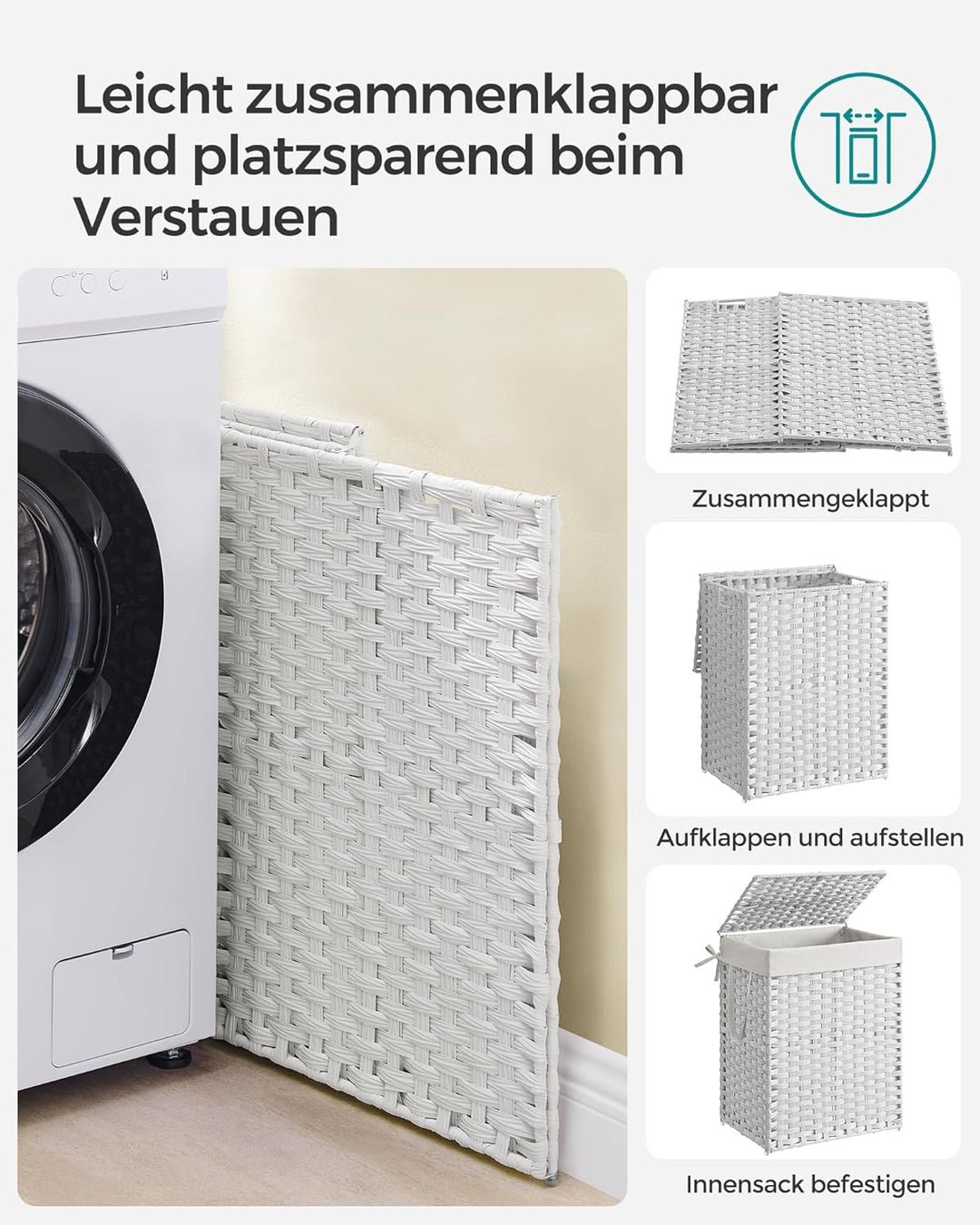 SONGMICS 90L Wäschekorb handgeflochten, mit Deckel und Griffen, Wäschesammler aus synthetischem Ratt