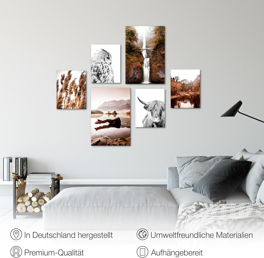Novart Wandbilder Set Natur Berge See Orange Braun - KEIN EXTRA RAHMEN BENÖTIGT - Modern Deko - Wohn