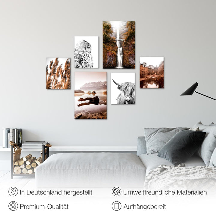 Novart Wandbilder Set Natur Berge See Orange Braun - KEIN EXTRA RAHMEN BENÖTIGT - Modern Deko - Wohn