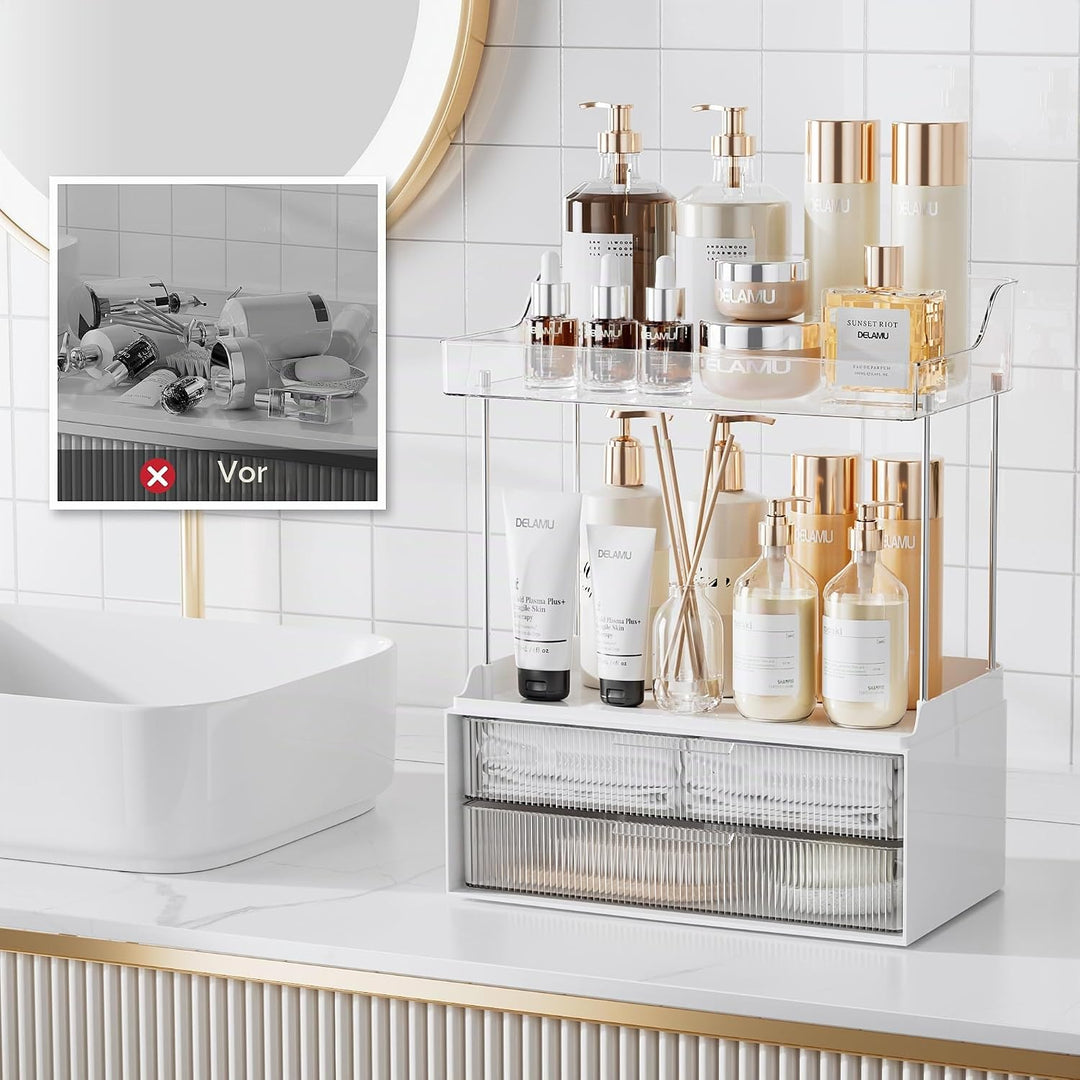 Delamu Make Up Organizer mit 2 Schubladen, 2 Etagen Kosmetik Organizer, Multifunktions Grösser Kosme