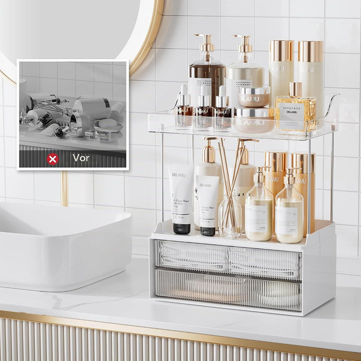 Delamu Make Up Organizer mit 2 Schubladen, 2 Etagen Kosmetik Organizer, Multifunktions Grösser Kosme