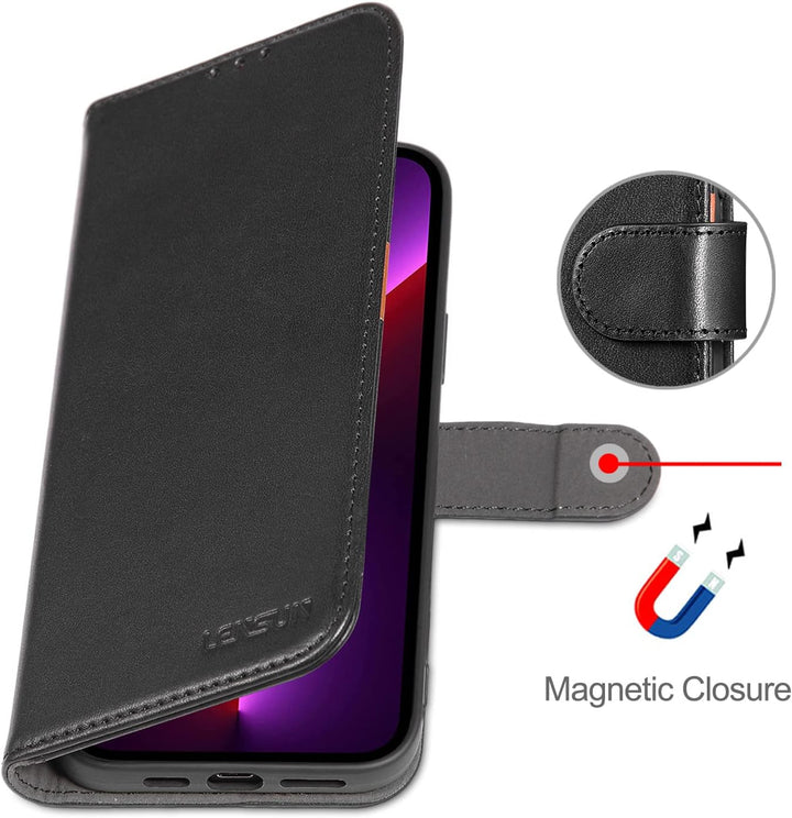 LENSUN Echtleder Hülle für iPhone 13 Pro Max, Handyhülle [Echtes Leder][3 Kartenfächer][RFID Schutz]