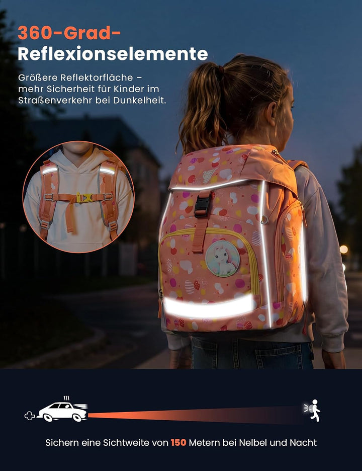 SKYSPER Schulranzen-Set 5-teilig, Schulrucksack Ergonomischer Tragesystem mit Regenhülle und Reflexs