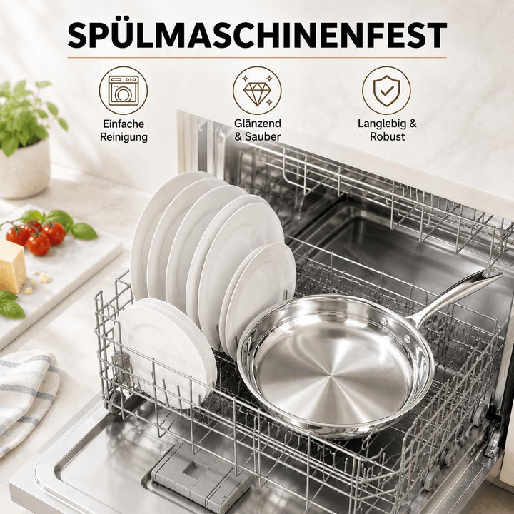 Edelstahlpfanne Unbeschichtet 28 cm mit Edelstahldeckel | 7 mm 3‑lagiger Boden, für Alle Herdarten G