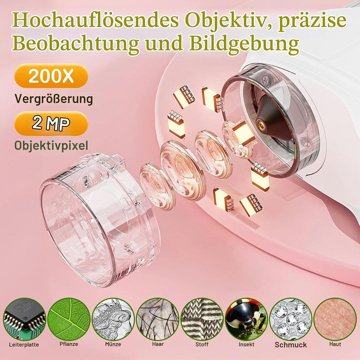 Digitales Mikroskop für Kinder,Hand Mikroskop Digital mit 2.4 Zoll Bildschirm 200x Taschenmikroskop,