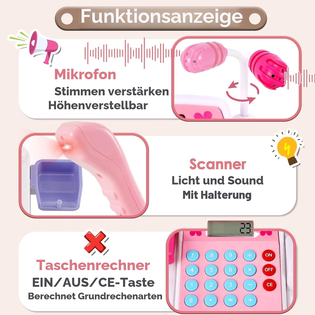 BUYGER Spielzeug Kasse Kinder mit Scanner Waage Mikrofon, Spielkasse mit Litchi und Sound, Kaufladen