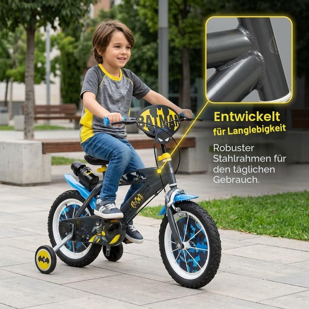 Toimsa Kinderfahrrad Batman 14 Zoll Schwarz/Blau/Gelb | Felgenbremse Trommelbremse Stützräder Speich