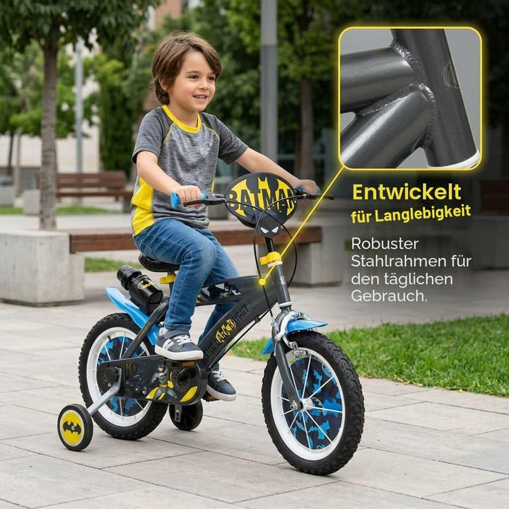 Toimsa Kinderfahrrad Batman 14 Zoll Schwarz/Blau/Gelb | Felgenbremse Trommelbremse Stützräder Speich