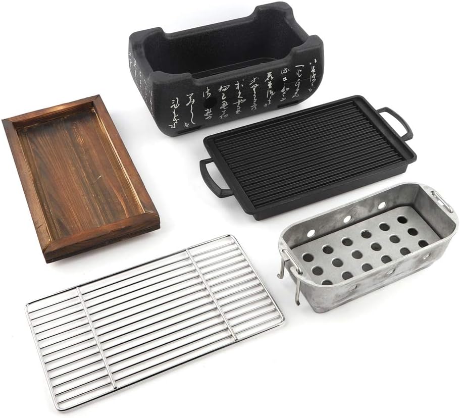 Japanischer BBQ Grill Mini Holzkohle Tischgrill mit Backblech Drahtgitter und Holzbasis, 24 x 12,5 x