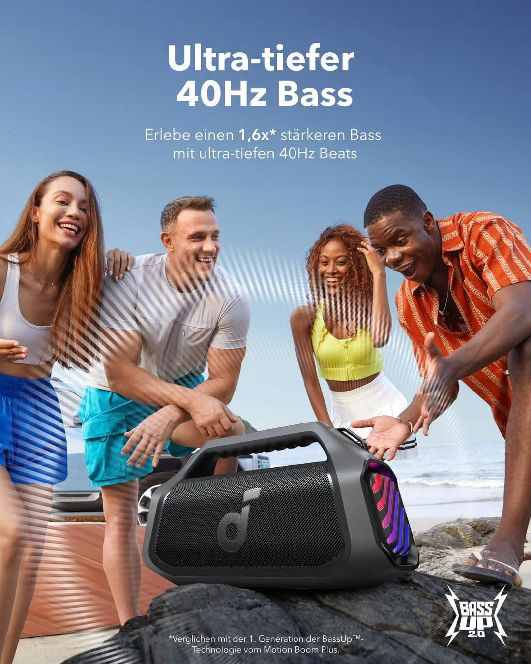 soundcore Boom 2 Plus Outdoor Lautsprecher, 140W, 2+2 Channel, BassUp 2.0, 20h, Schnellladung, IPX7