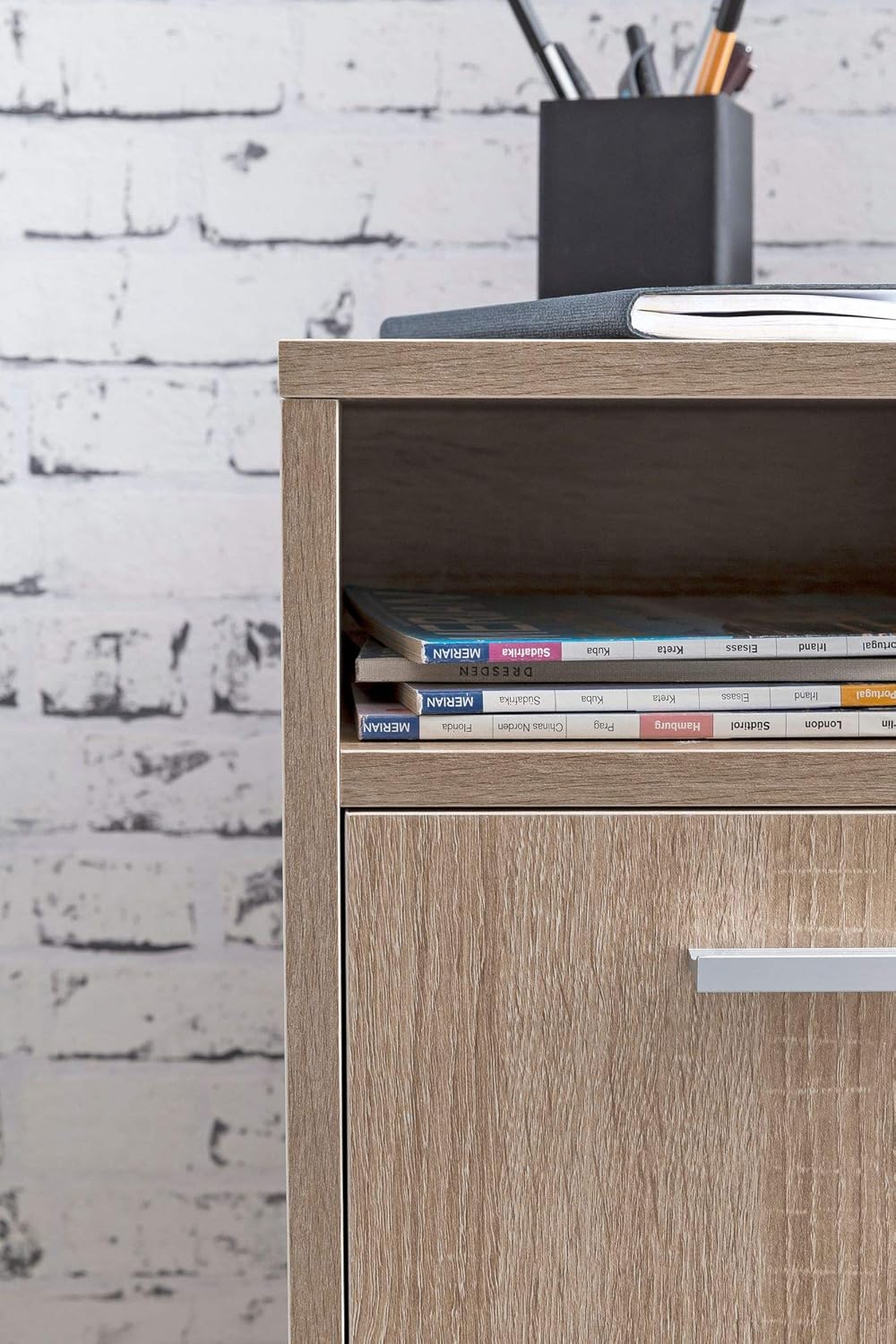 KADIMA DESIGN Rollcontainer OSSOLA: Weiss/Sonoma, 2 Türfächer, Ablagefach, Rollen mit Bremsen, Melam