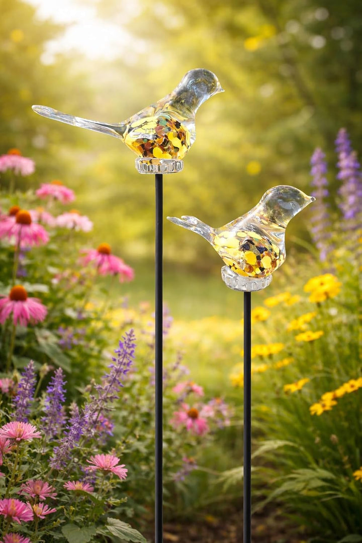 Bornhöft 2er Set Gartenstecker Glasvogel Deko Beetstecker Handarbeit Skulptur Vogel 1 (Gelb-Orange),
