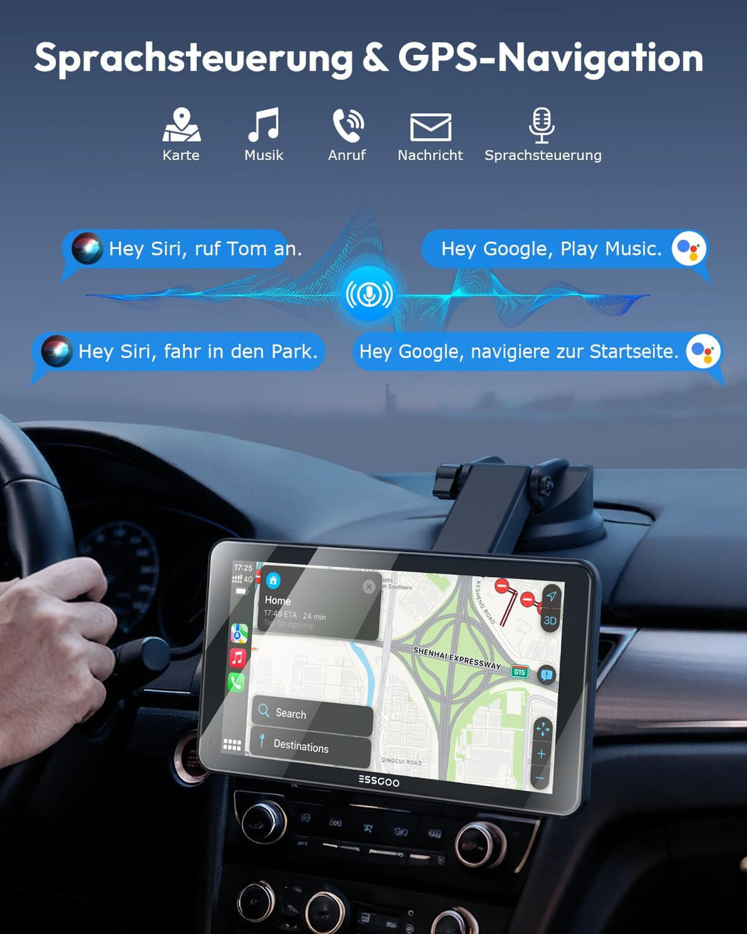 ESSGOO Carplay Android Auto Display mit Rückfahrkamera,7 Zoll Carplay Bildschirm für Apple/Android A
