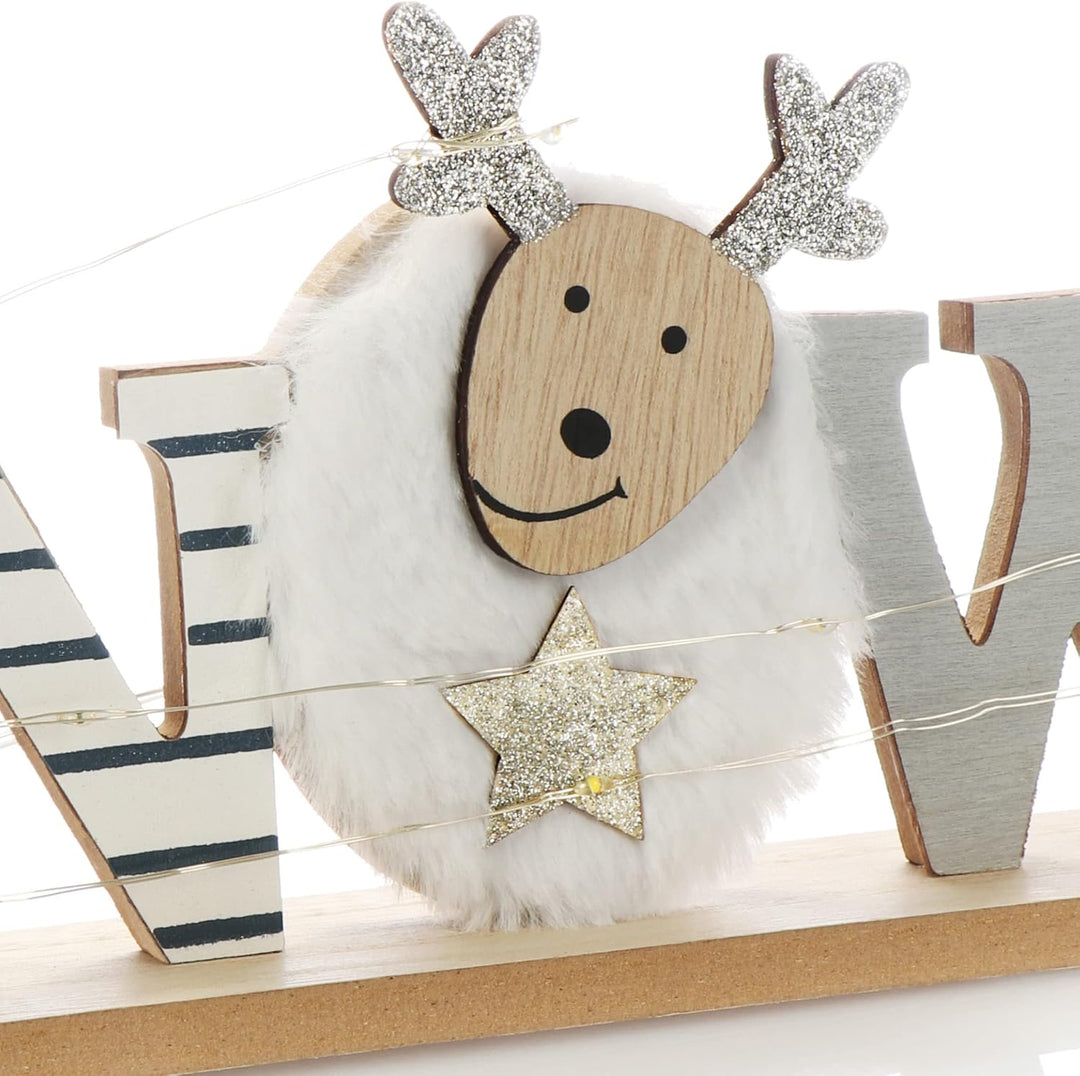 com-four® LED Deko Aufsteller aus Holz - beleuchteter Schriftzug auf Holzsockel - Deko-Schriftzug zu