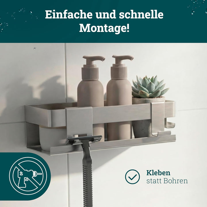 husman® Duschablage ohne Bohren | Edelstahl gebürstet | mit Ablaufrillen & 3 Haken | Kleben statt Bo