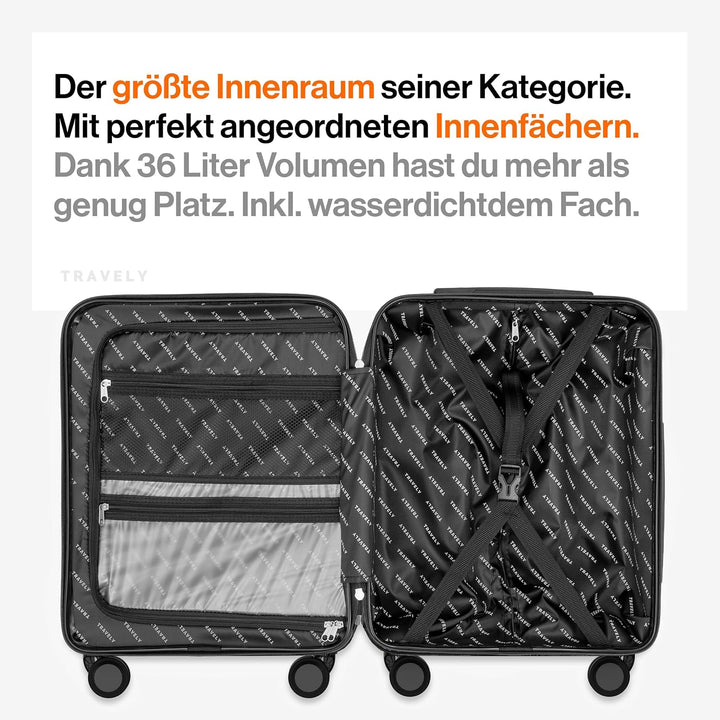 Travely Premium Handgepäck Koffer 55x40x20cm - passend für Ryanair, Lufthansa, Eurowings und co. I 3