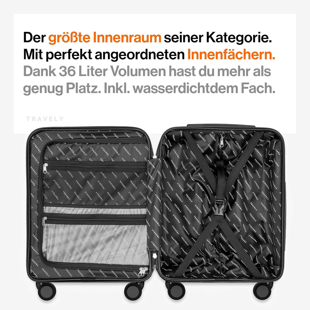 Travely Premium Handgepäck Koffer 55x40x20cm - passend für Ryanair, Lufthansa, Eurowings und co. I 3