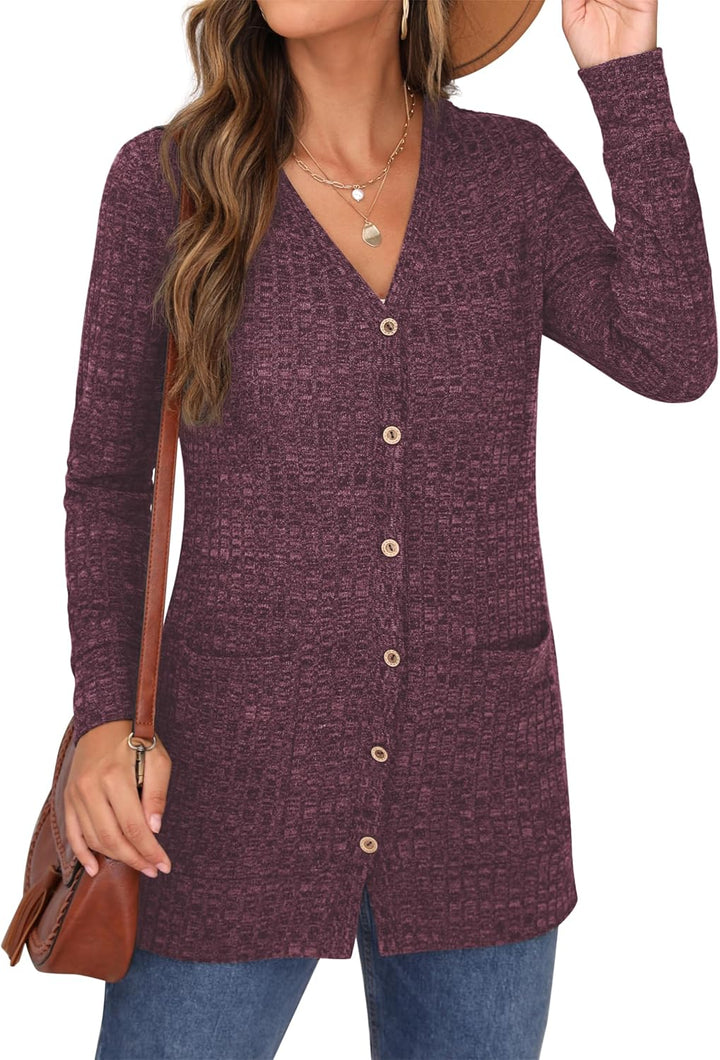 GRECERELLE Damen Leichte Strickjacke Lang mit Taschen und Knöpfen Long Elegant Cardigan V-Ausschnitt