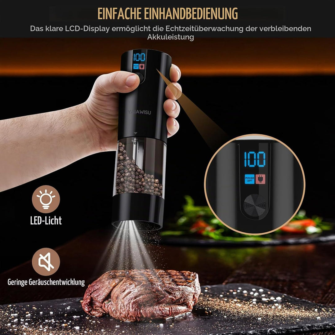 Elektrische Salz- und Pfeffermühle Set, 2 Stück, LED-Display, Einstellbare Mahlgrade, Schwarz (Schwa