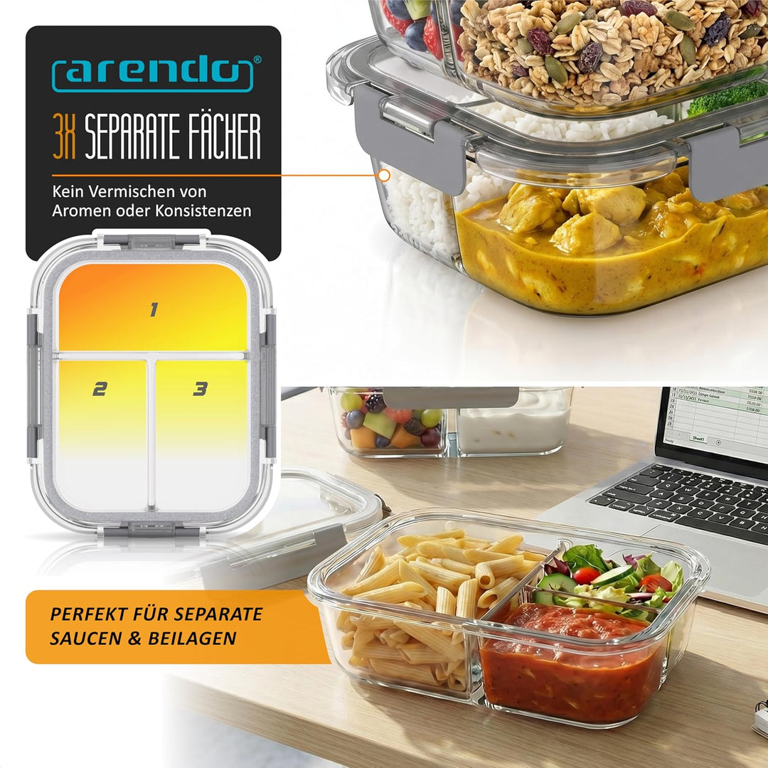 Arendo - Lunchboxen Glas - 3 Fächer - Frischhaltedosen für Lebensmittel mit Deckel luftdicht - 2er S