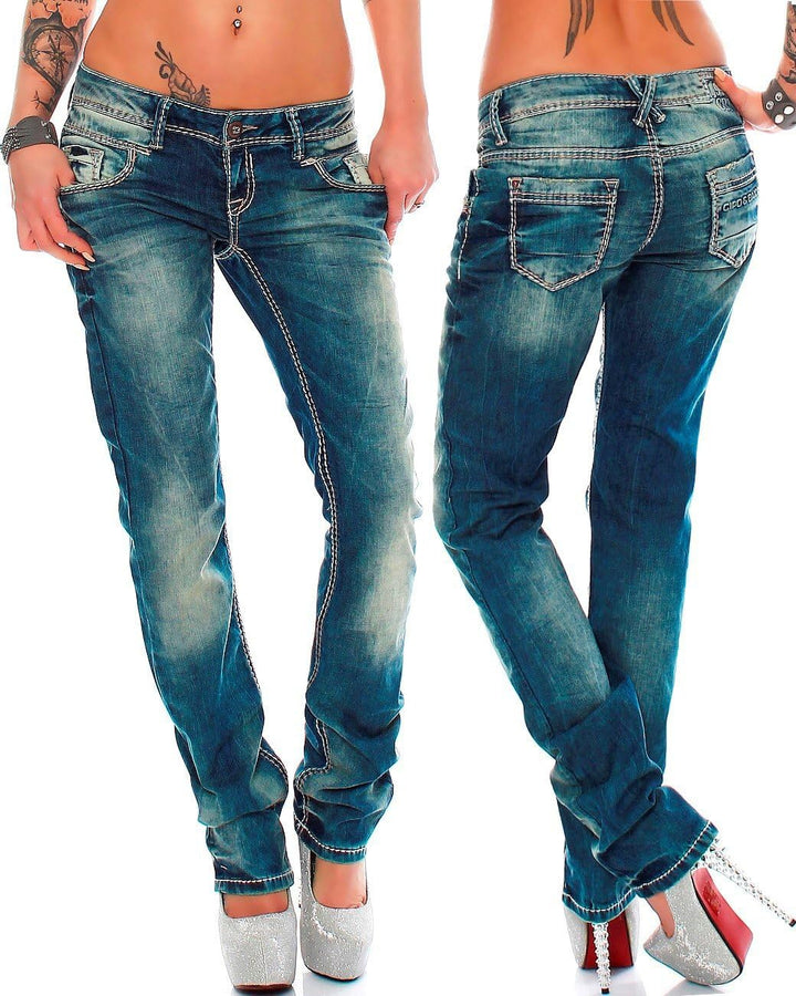 Cipo & Baxx Damen Jeans – Slim Fit & Used Look | Modische Kontrastnähte & Mehrtaschen | Bequeme Stre