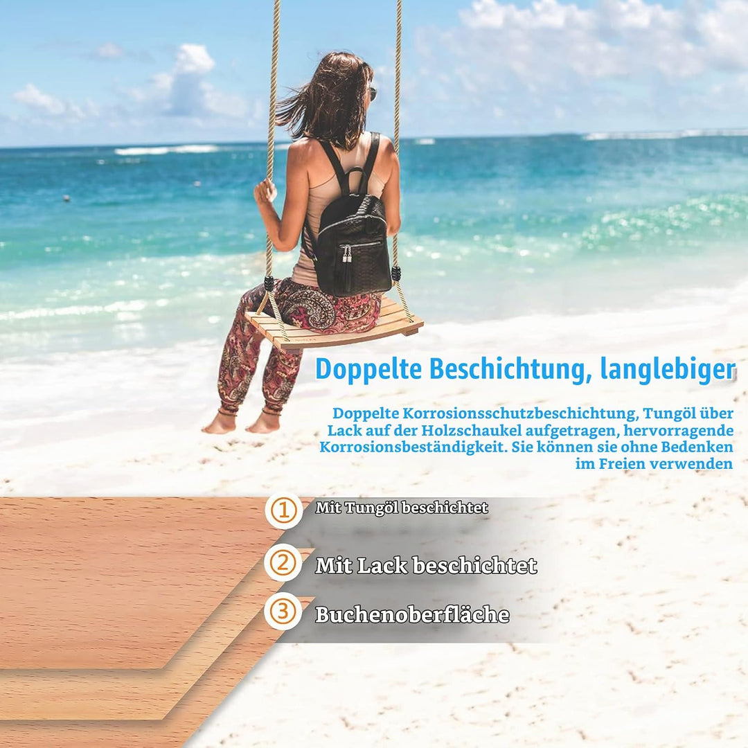 Holzschaukel Outdoor für Erwachsene Kinder, Schaukelsitz Holz mit Verstellbarem Hanfseil Schaukel Ho