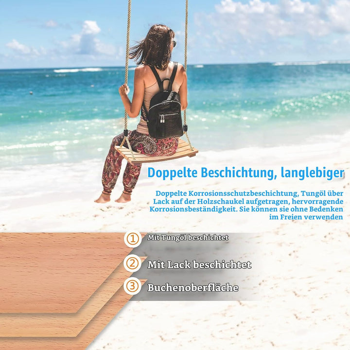 Holzschaukel Outdoor für Erwachsene Kinder, Schaukelsitz Holz mit Verstellbarem Hanfseil Schaukel Ho