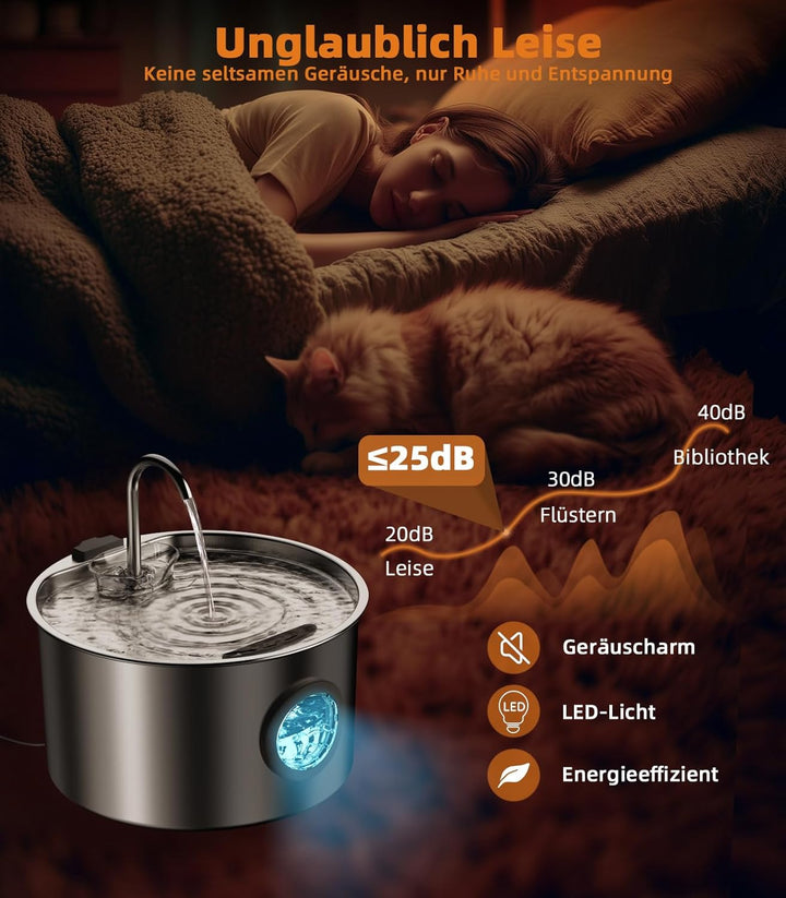 UPAWPIA 3.2L Katzenbrunnen Edelstahl mit 8 Filtern Trinkbrunnen für Katze Katzenbrunnen für Katzen m