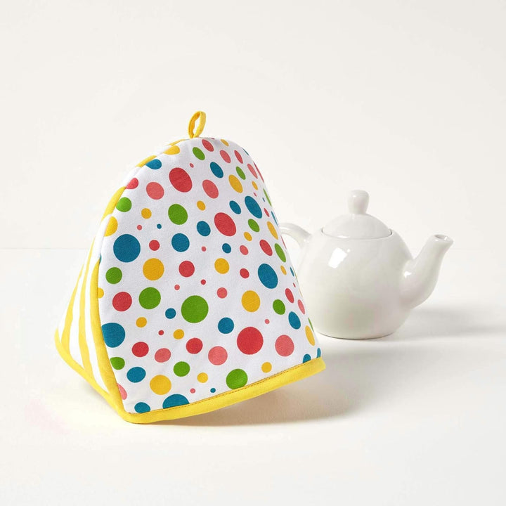 HOMESCAPES Tea Cosy, Kannenwärmer bunt gepunktet, Teewärmer aus Baumwolle, isolierende Haube für Tee