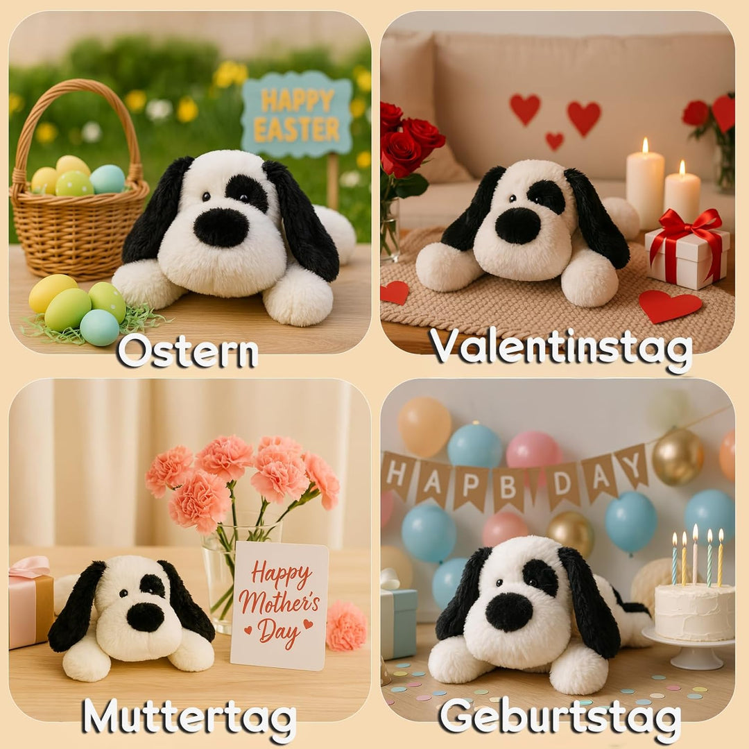 WEIGEDU Plüschhund Kuscheltier Schwarz-Weiss – Weiches Stofftier Hund 50 cm, Liegender Kuschelhund P