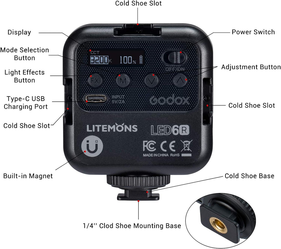Godox LITEMONS LED6R RGB Videoleuchte, Pocket LED Licht Bicolor 3200K-6500K, CRI 95, 13 Fx Lichteffe