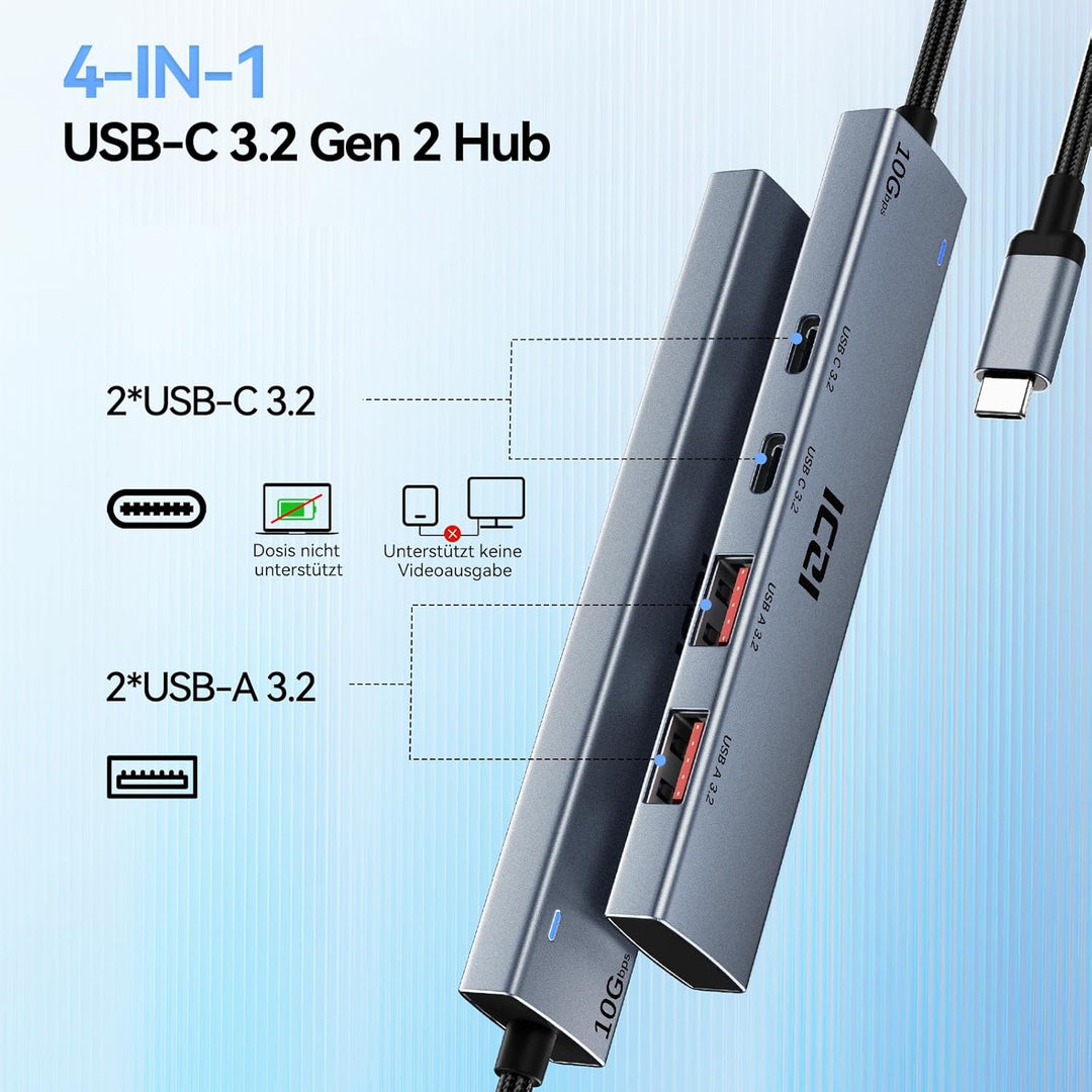 ICZI USB C Hub 4 Port 10Gbps Verteiler Multiport Adapter 120cm Kabel mit 2*USB C 3.2 und 2*USB A 3.2