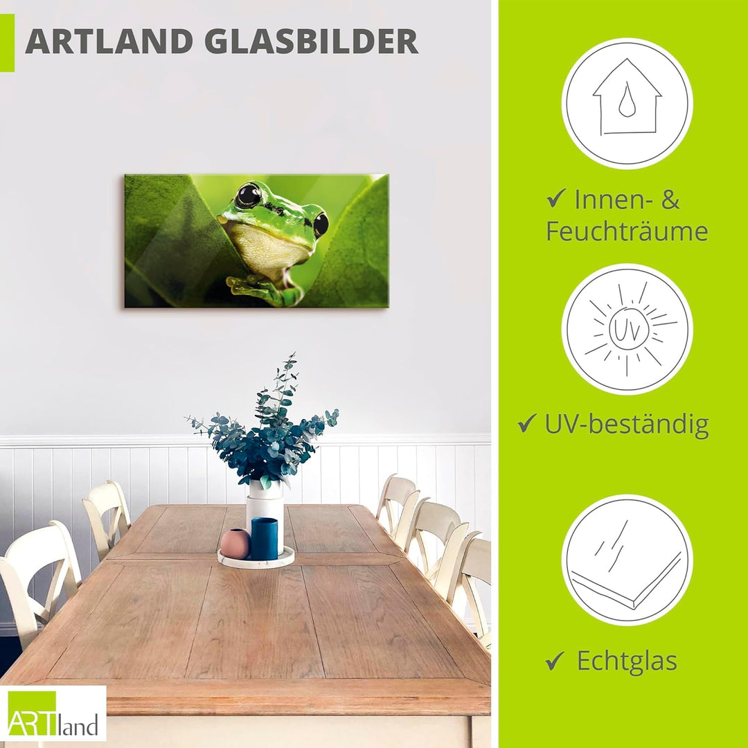 ARTland Glasbilder Wandbild Glas Bild einteilig 60x30 cm Querformat Natur Tiere Frosch Gesicht Laubf
