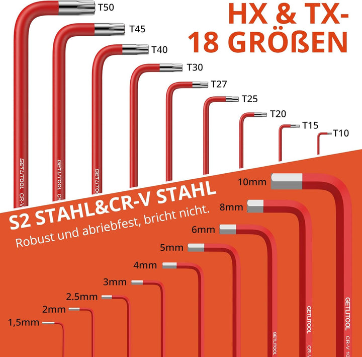 GETLITOOL Innensechskant Satz, 18tlg. Innensechskantschlüssel Kugel HX 1,5mm-10mm & Torx Winkelschlü