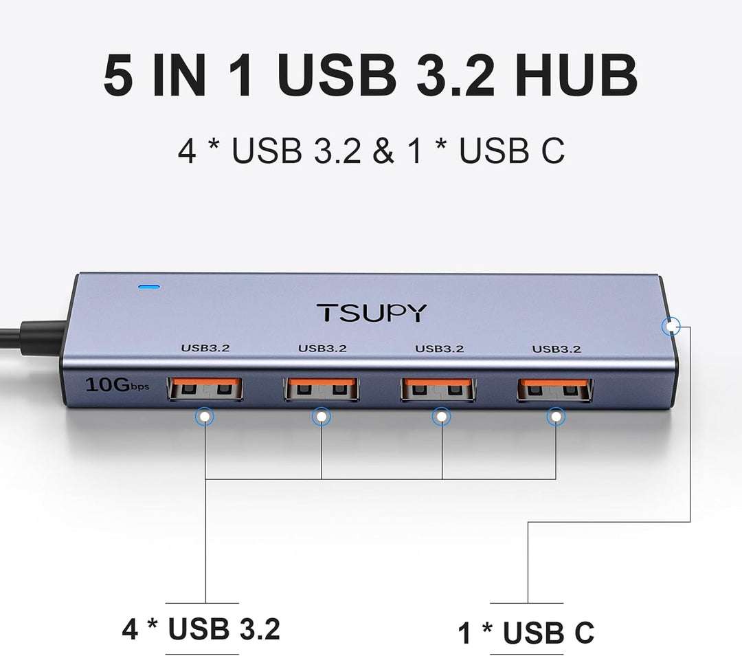 USB Hub 3.2 Gen 2, TSUPY USB Hub 10Gbps, Aluminium USB Verteiler mit 120cm Kabel kompatibel für Lapt