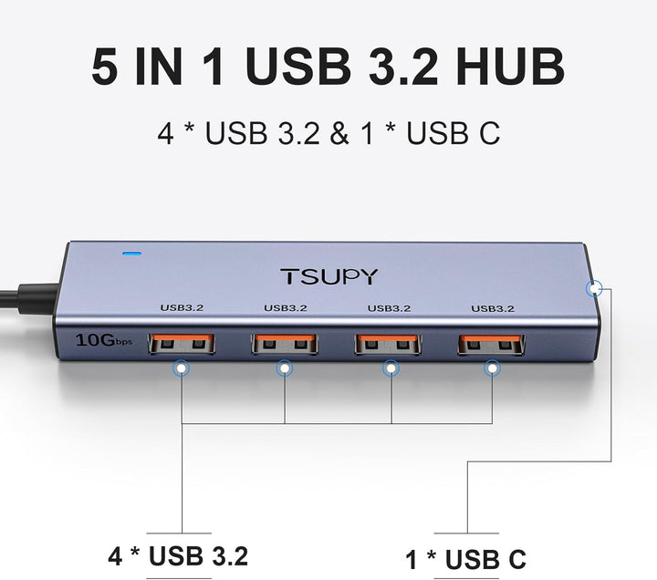 USB Hub 3.2 Gen 2, TSUPY USB Hub 10Gbps, Aluminium USB Verteiler mit 120cm Kabel kompatibel für Lapt