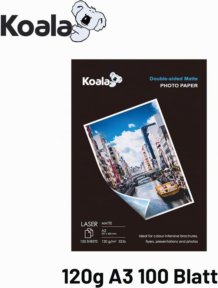 KOALA Fotopapier für Laserdrucker, Doppelseitig, Matt, A3, 120 g/m², 100 Blatt. Geeignet zum Drucken