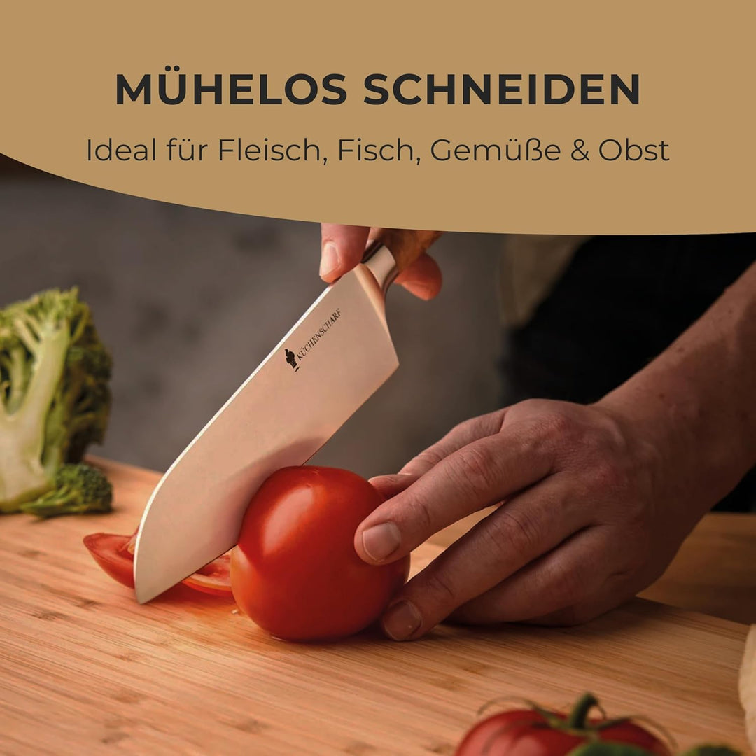 Profi Santoku Küchenmesser 16 cm mit Olivenholzgriff - Ergonomisches Kochmesser aus 100% Edelstahl f