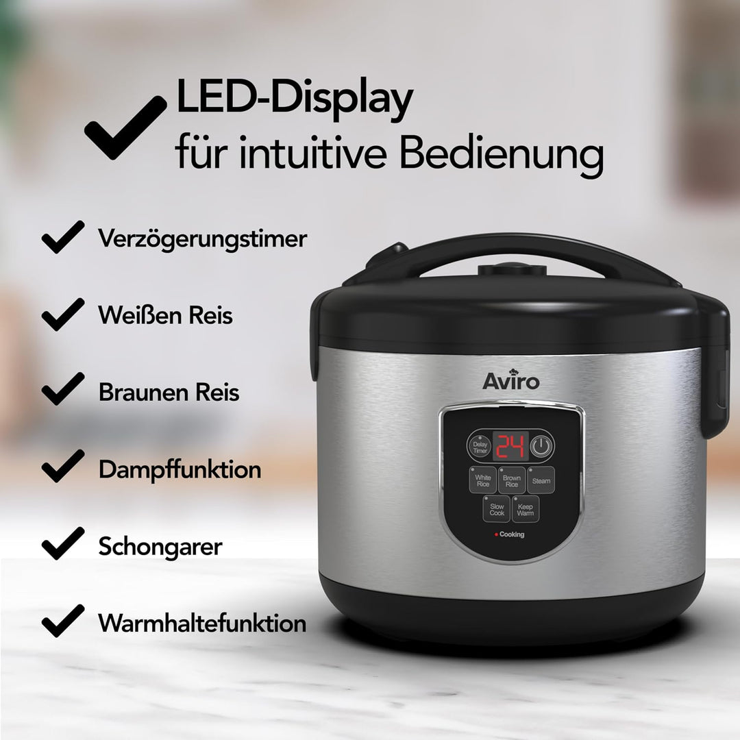 Aviro Reiskocher – Slow Cooker – 1,8 l – 7 Funktionen – Warmhaltefunktion – Reiskocher – Antihaftbes