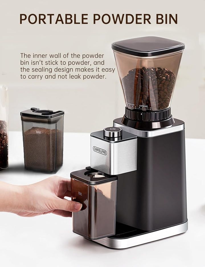 CAFELFFE Elektrische Kaffeemühle für Siebträger und Behälter, 48 einstellbare Mahlstufen mit Antista