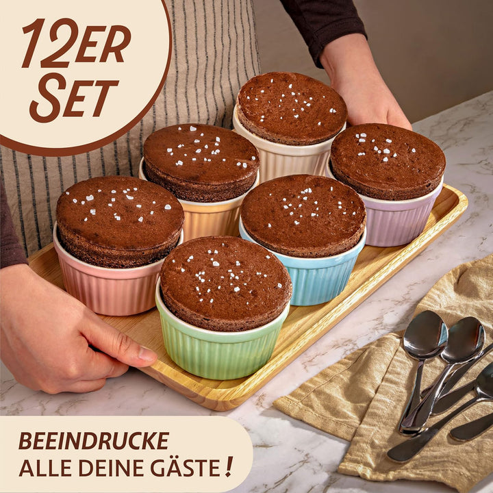 12 Souffle Förmchen aus Keramik - Backofenfest - 200 ml - 9 cm - Stapelbar - Mit Antihaftbeschichtun