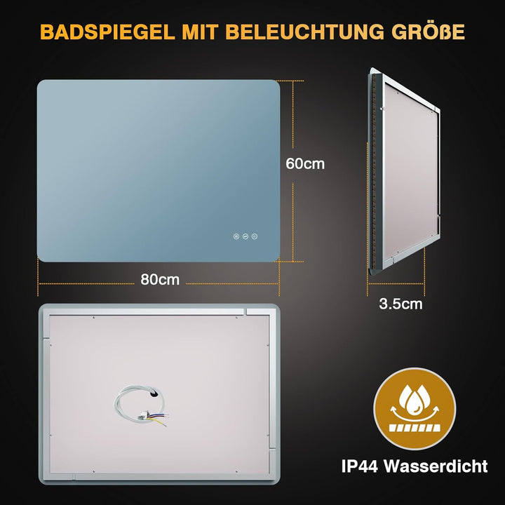 Badspiegel mit Beleuchtung 80x60cm, LED Spiegel Bad mit Antibeschlag, 3 Lichtfarben, Dimmbar, Rechte