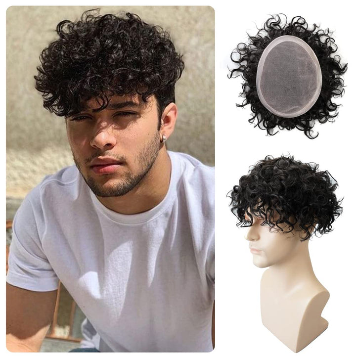 Lordhair Lockige Toupet für Männer, Echthaar-Toupet, Haarersatzsystem(18 * 23CM, Off Schwarz 1B#) 18